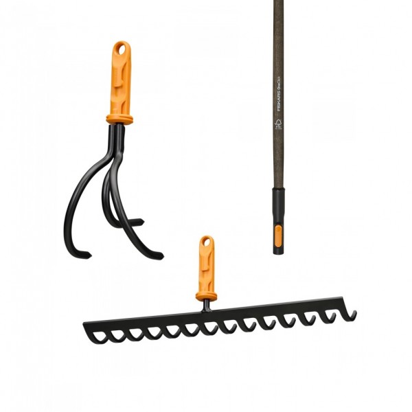 Комплект інструменту Fiskars OneClick граблі 36 см + розпушувач + ручка ручка дерев'яна 140 см (1080677+1080686) 1080677+1080686